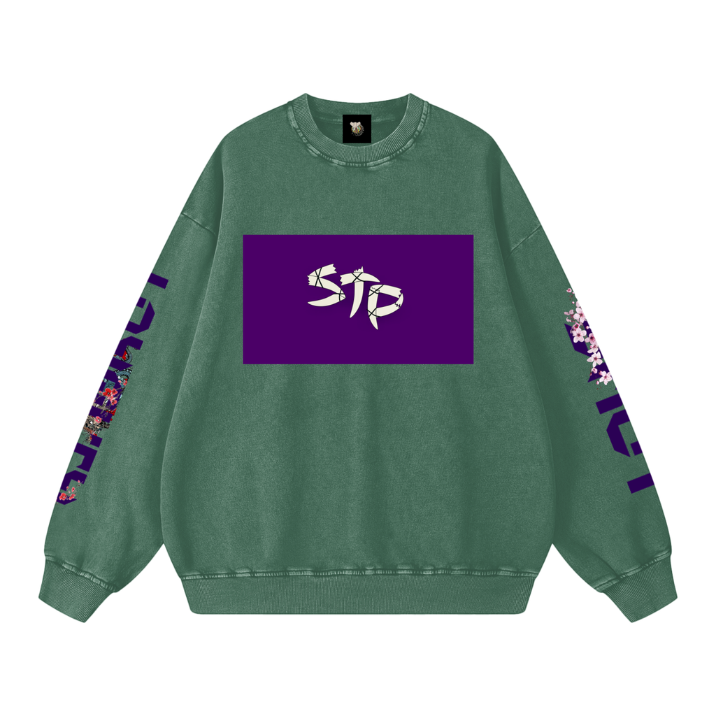 Green sweatshirt with purple logo and floral patterns on sleeves against a white background