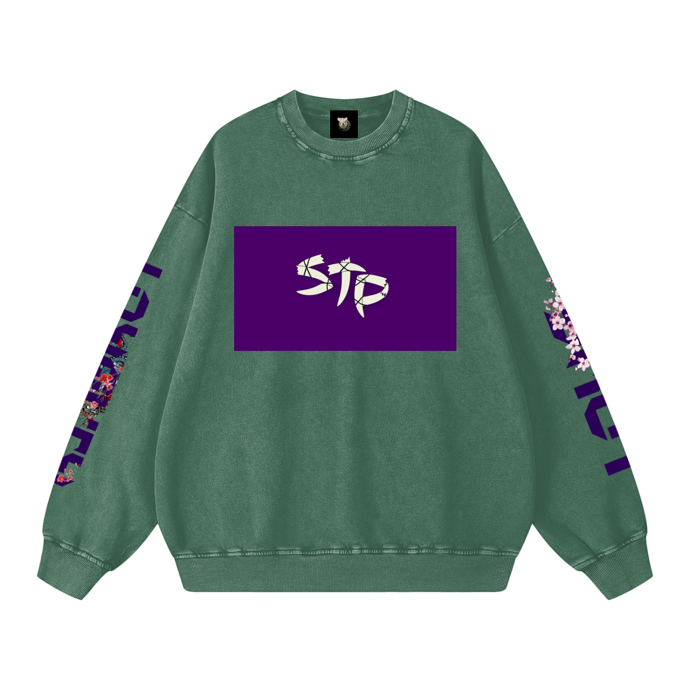 Green sweatshirt with purple logo and floral patterns on sleeves against a white background