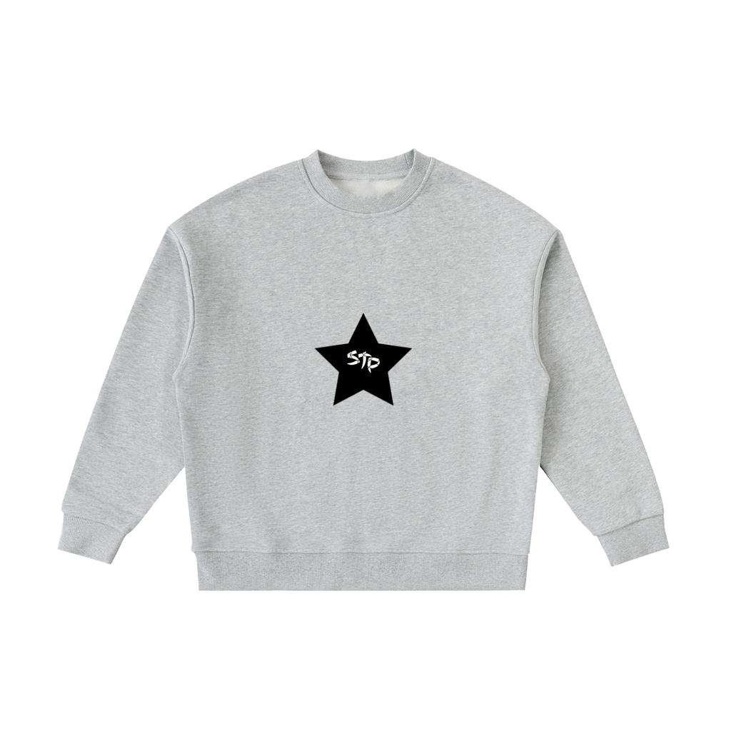 Gray sweatshirt with a black star design on a white background