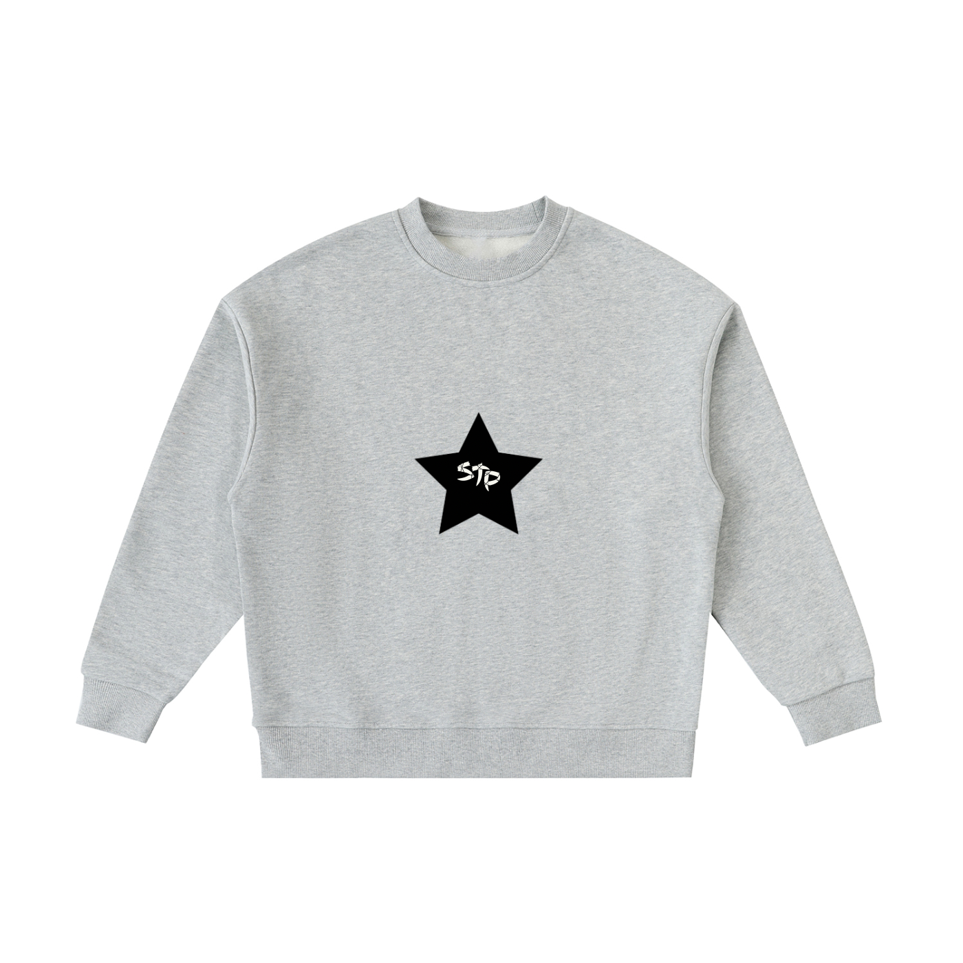 Gray sweatshirt with a black star design on a white background
