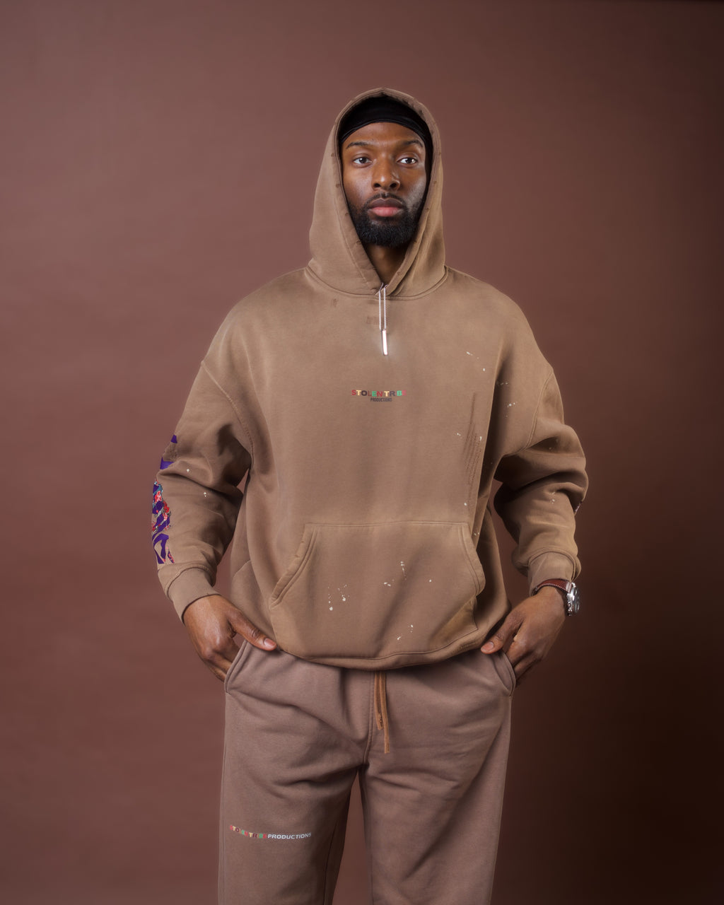 Duke of Earl Vintage Washed Black Star Frayed Ivory Fleece Hoodie