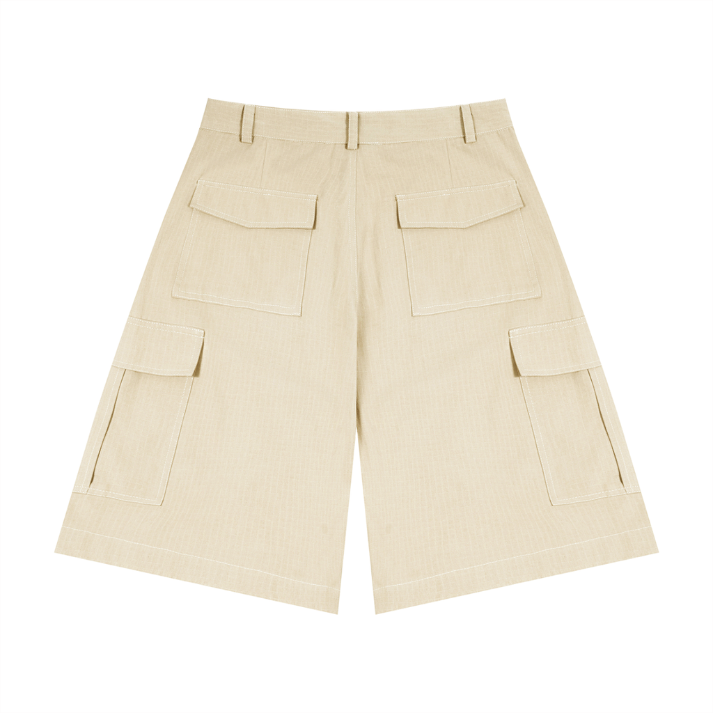 Beige cargo shorts on a white background