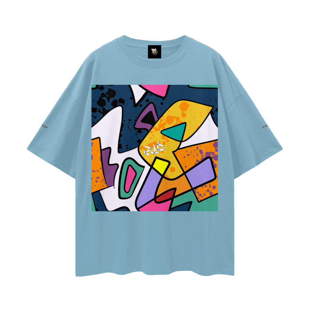 Light blue t-shirt with a colorful abstract design on a white background