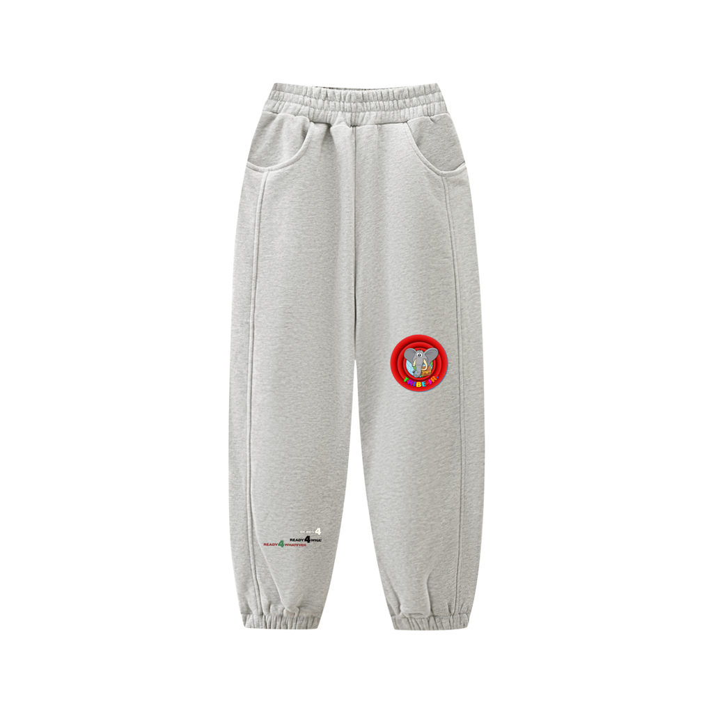 Gray sweatpants with a colorful logo on a white background