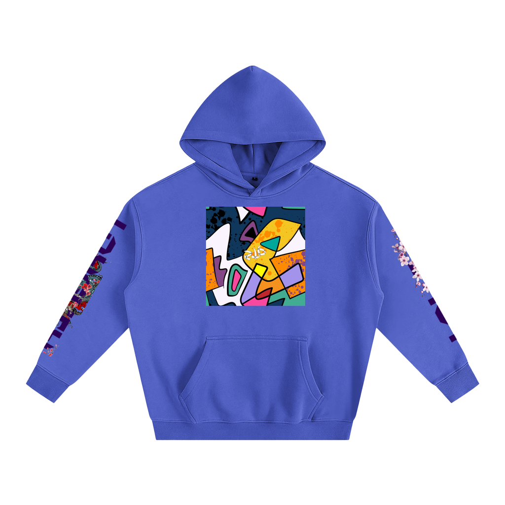 Blue hoodie with colorful geometric design on a white background