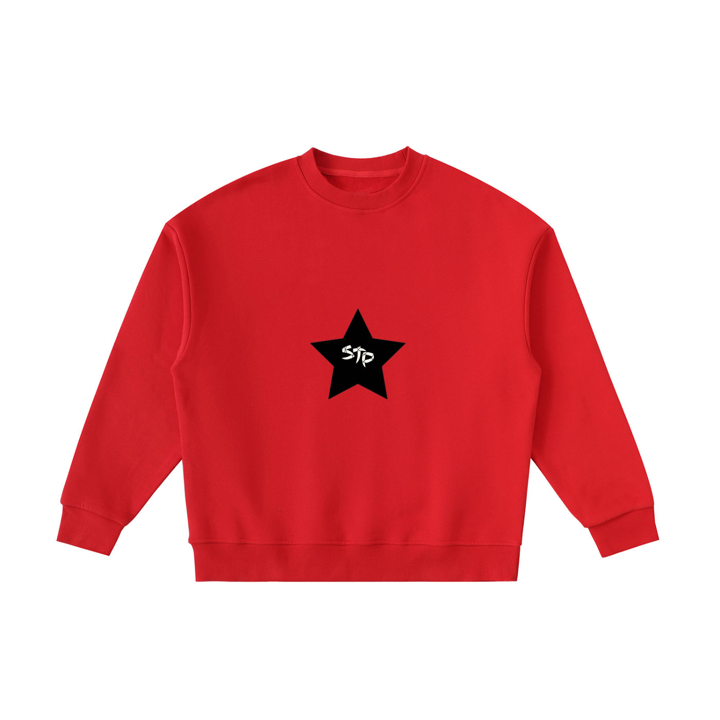 Red sweatshirt with a black star design on a white background