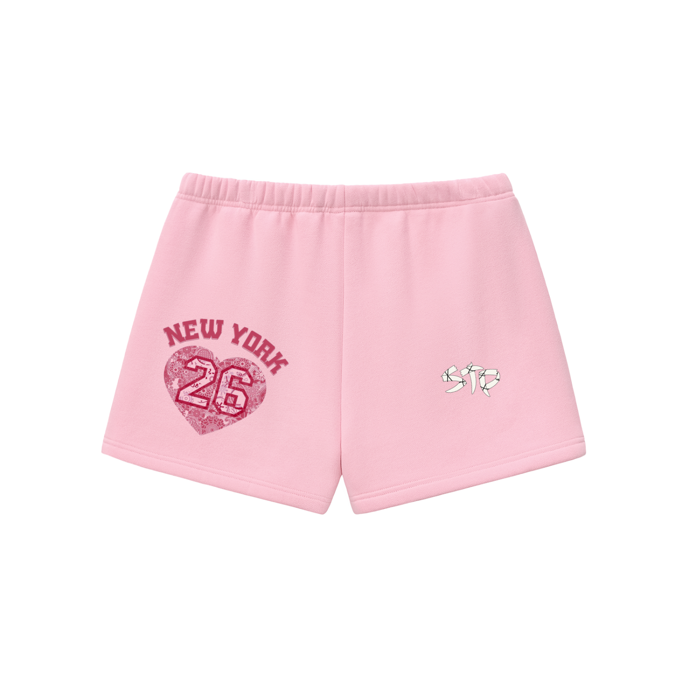 Pink shorts with 'New York 26' design on a white background