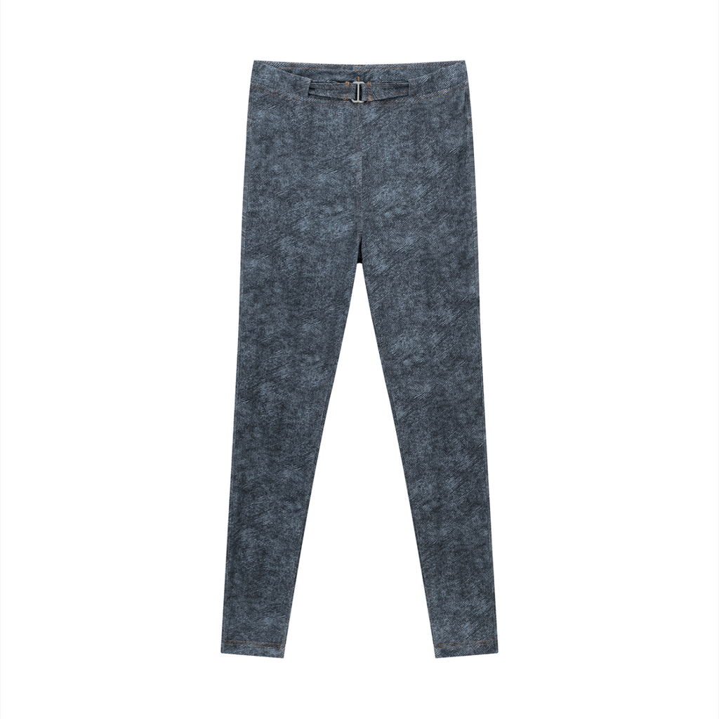 Blue patterned leggings with a belt on a white background