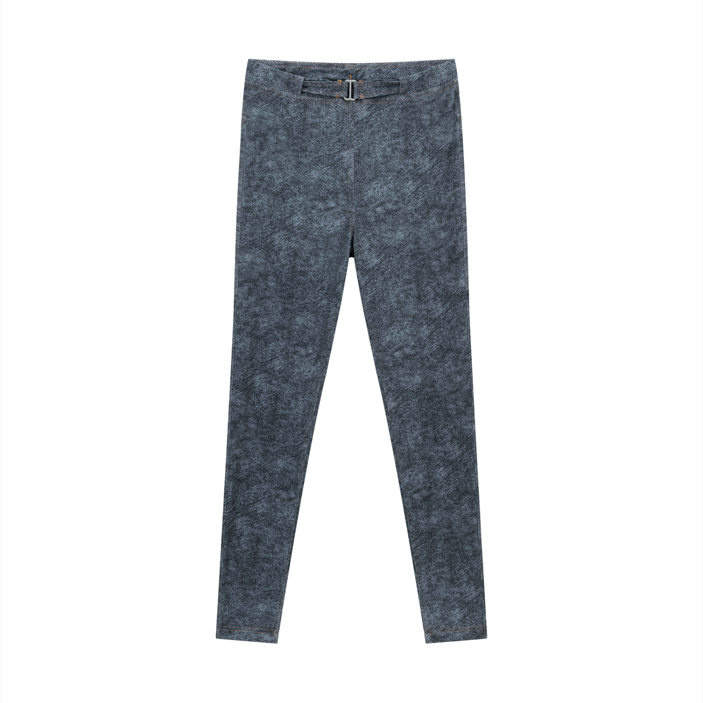Blue patterned leggings with a belt on a white background