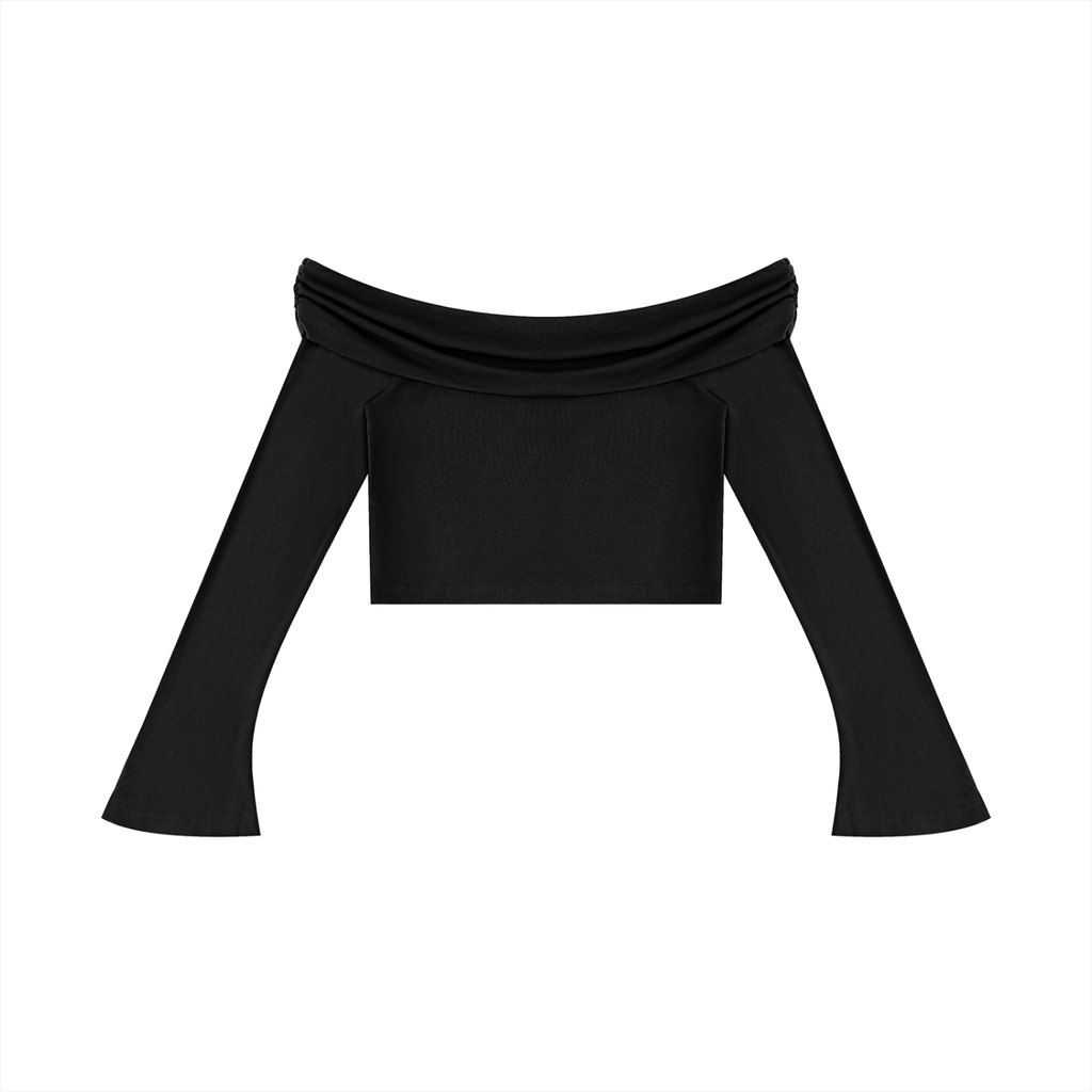 Black off-shoulder top on a white background