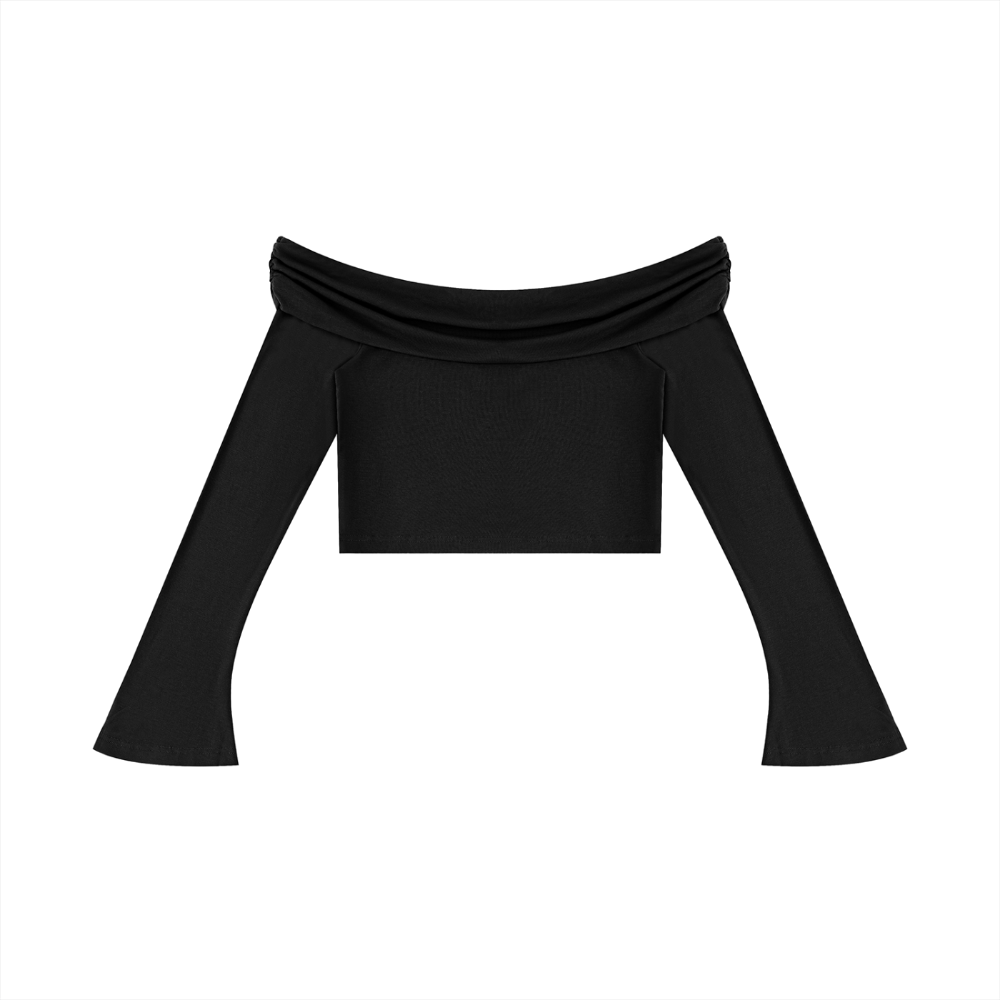Black off-shoulder top on a white background