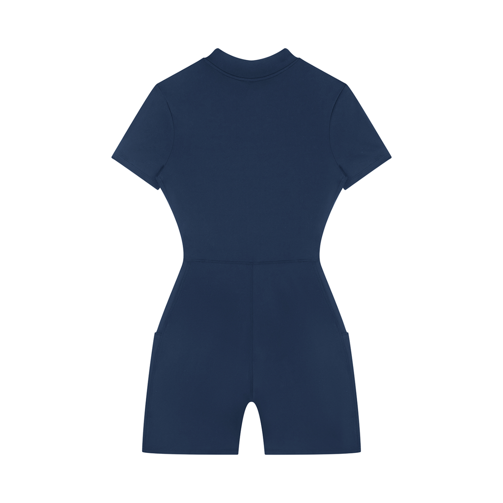 Navy blue romper on a white background