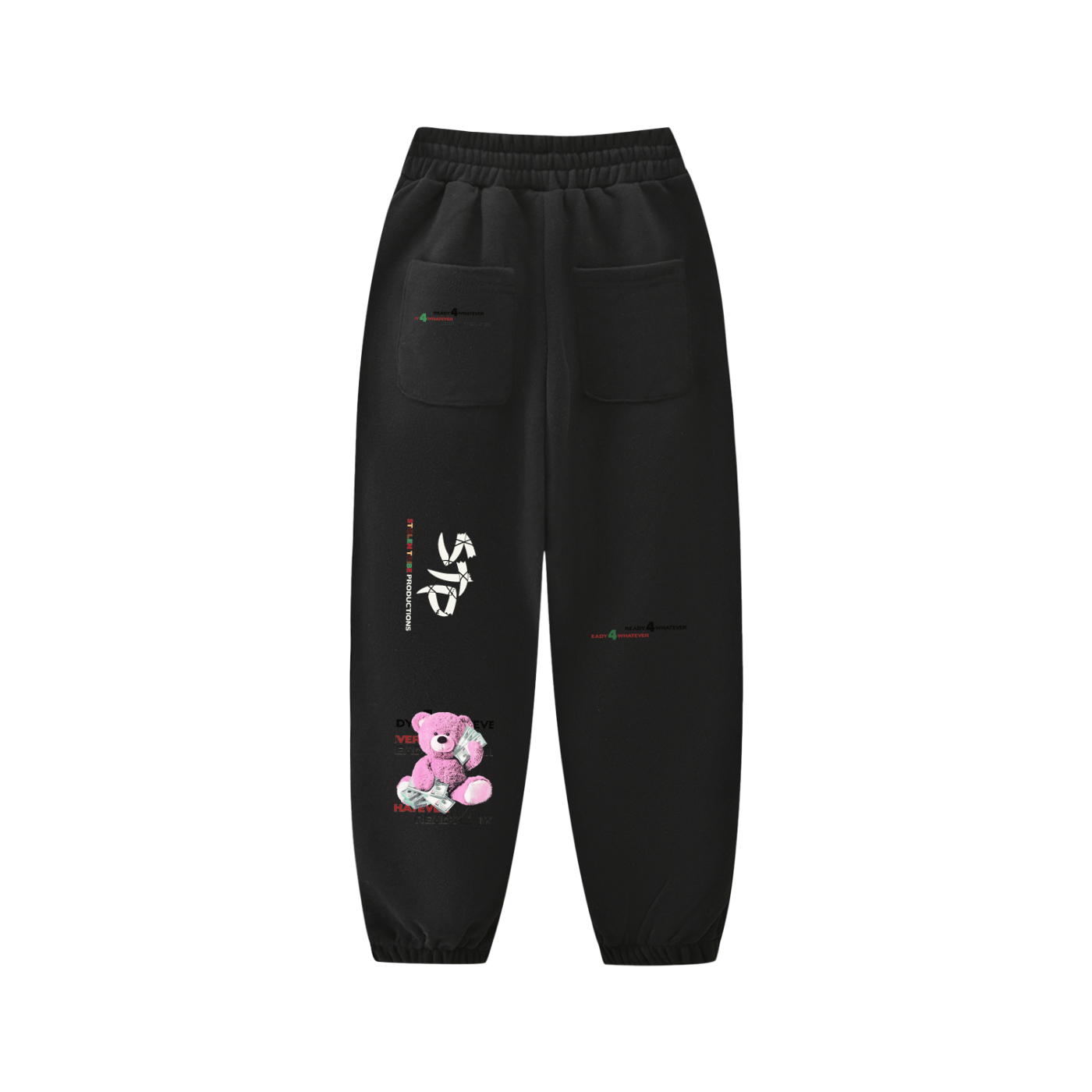 Black pants with a teddy bear design and text on a white background