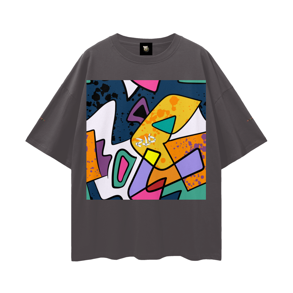Gray t-shirt with a colorful abstract design on a white background