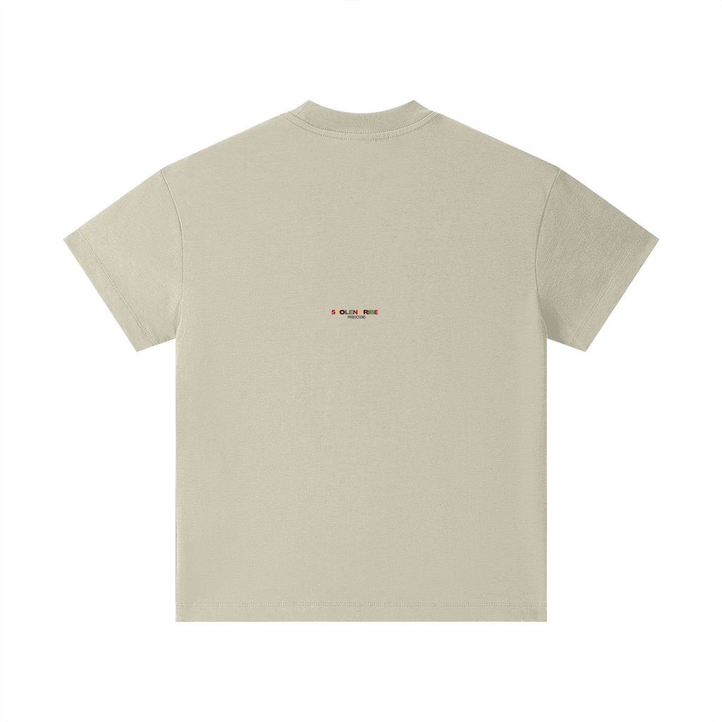 Beige t-shirt with a small logo on the back against a white background