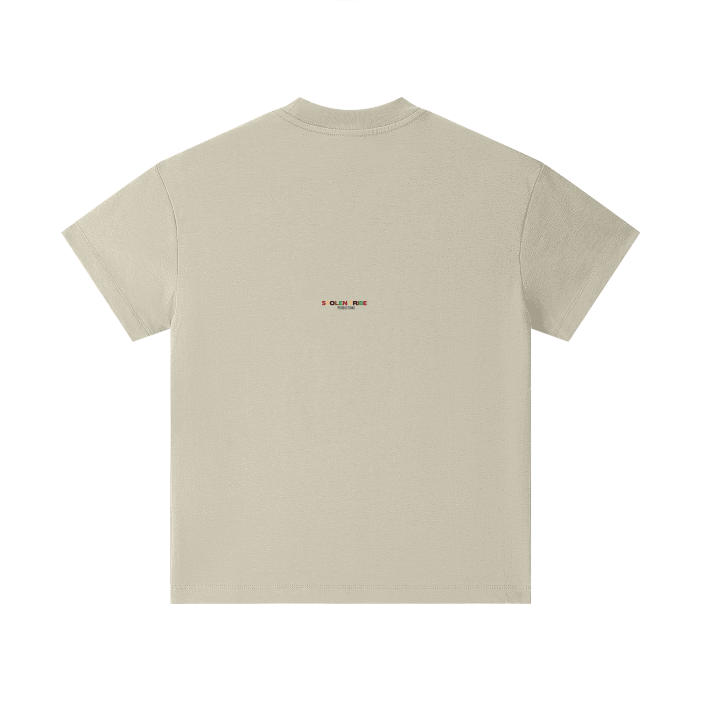 Beige t-shirt with a small logo on the back against a white background