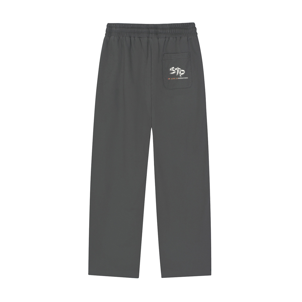 Gray sweatpants with a logo on a white background