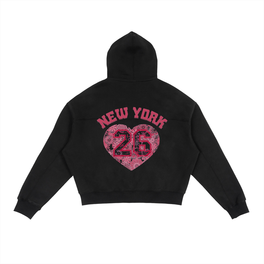 Black hoodie with pink 'New York 26' heart design on a white background