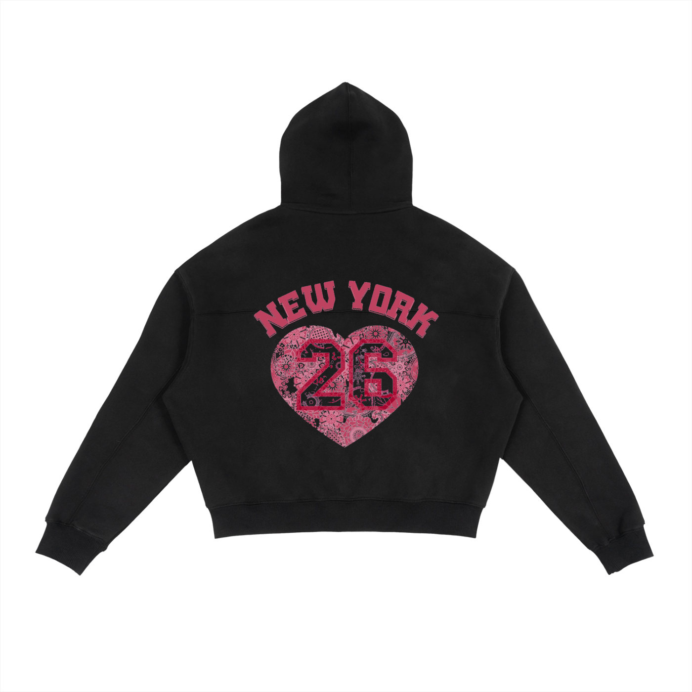 Black hoodie with pink 'New York 26' heart design on a white background