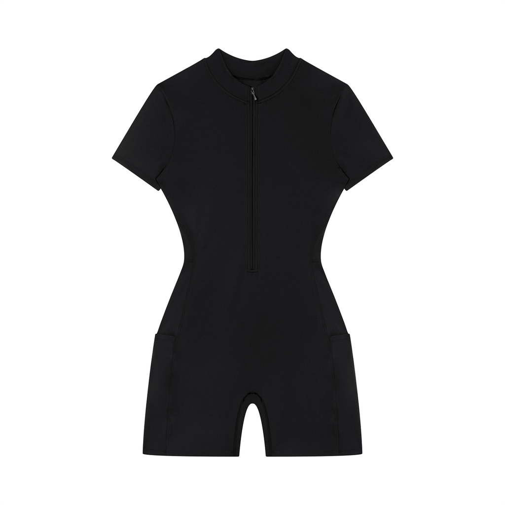 Black wetsuit with short sleeves and a front zipper on a white background