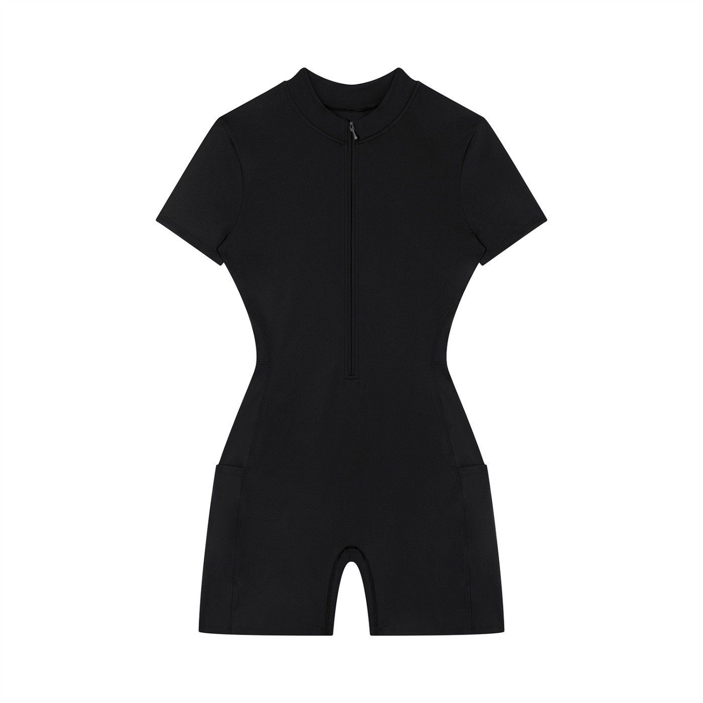 Black wetsuit with short sleeves and a front zipper on a white background