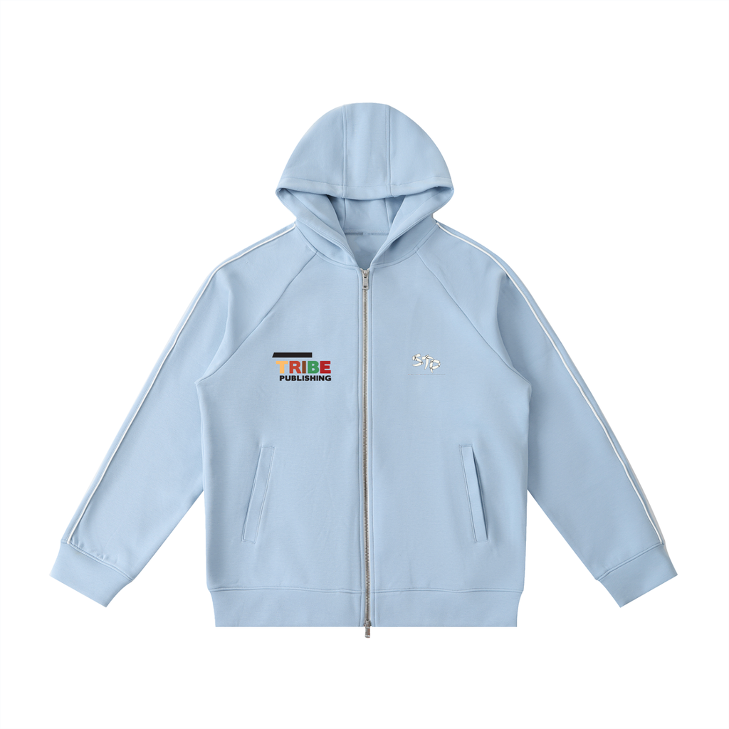Light blue hoodie with a brand logo on a white background