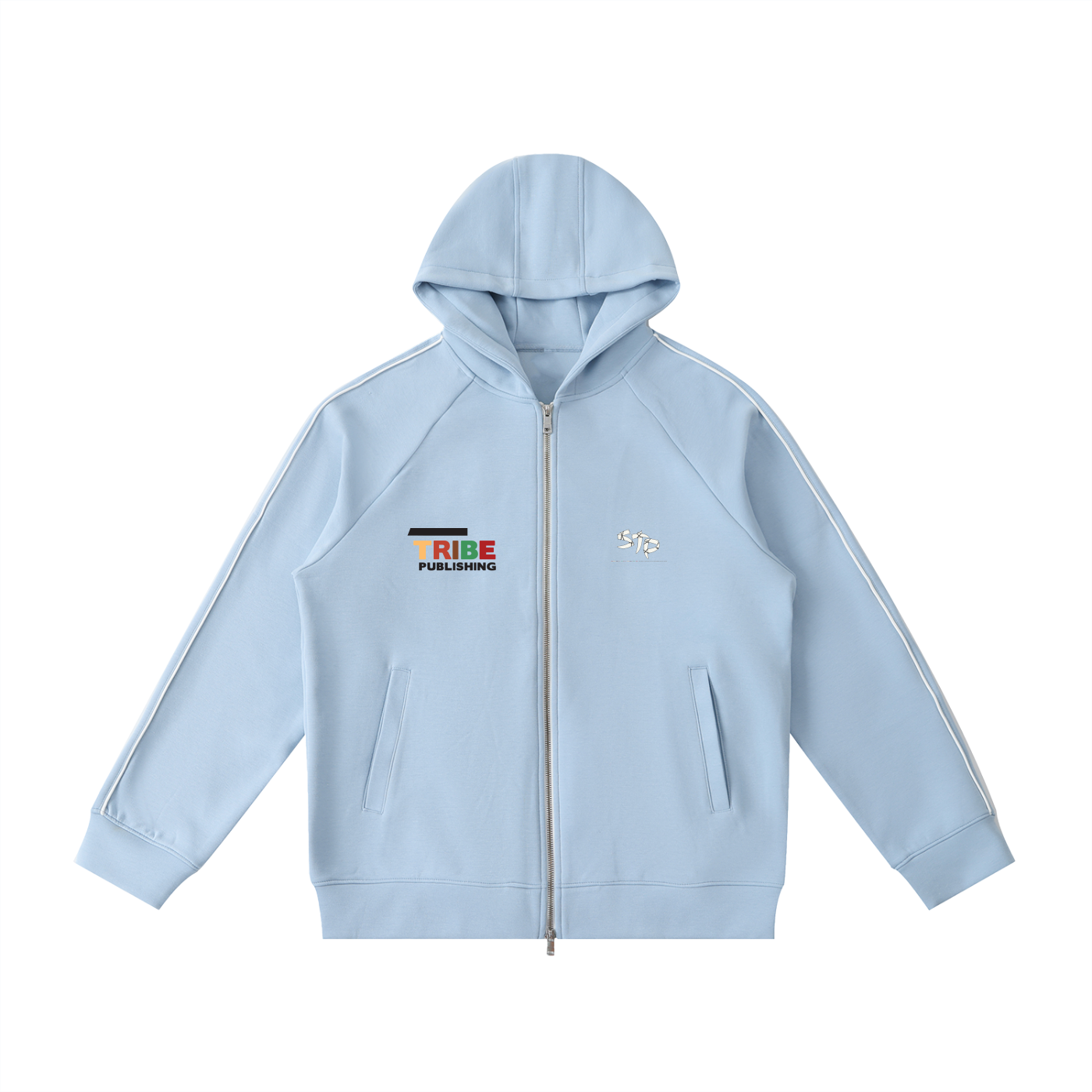 Light blue hoodie with a brand logo on a white background