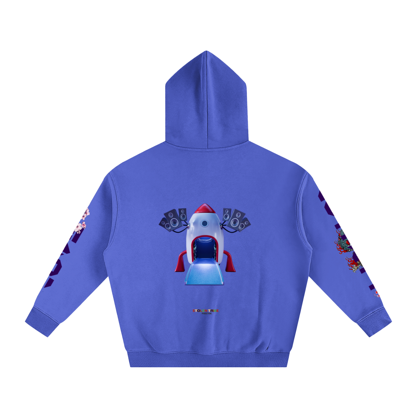 Blue hoodie with a cartoon character and design on the back, on a white background