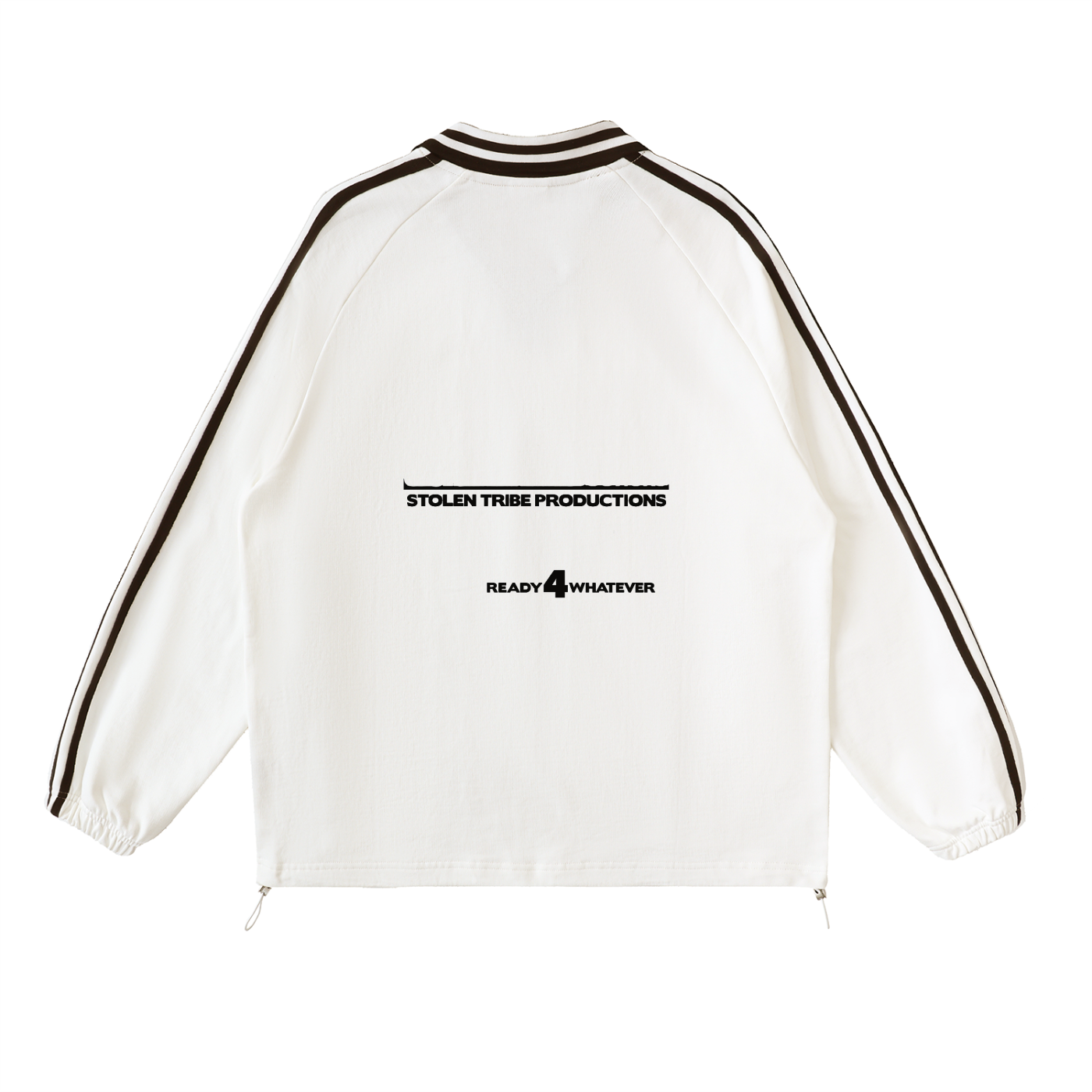 White jacket with black trim and text on a white background