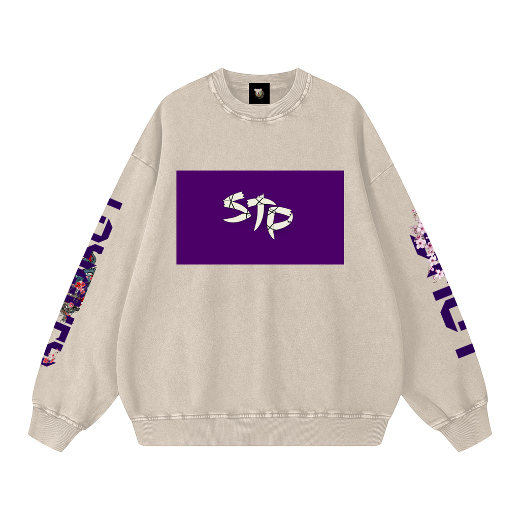 Beige sweatshirt with purple logo and floral designs on sleeves against a white background