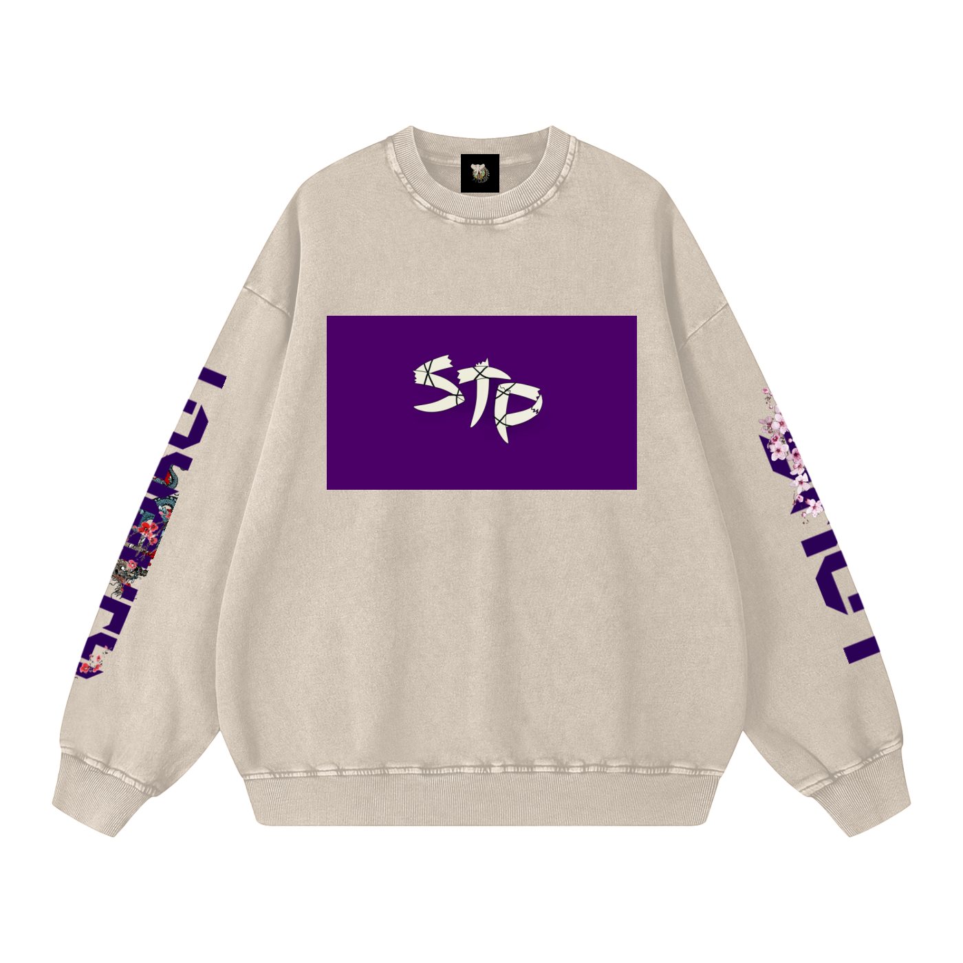 Beige sweatshirt with purple logo and floral designs on sleeves against a white background