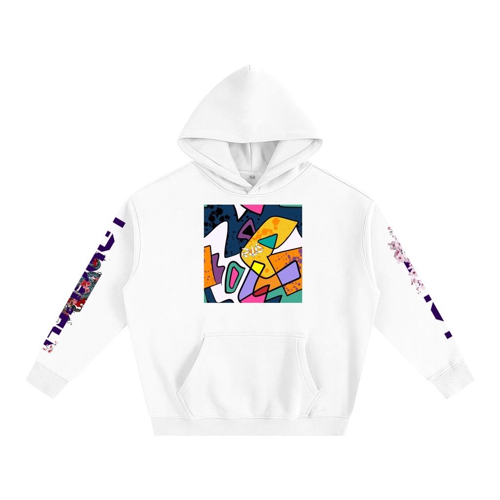 White hoodie with colorful abstract design on a white background