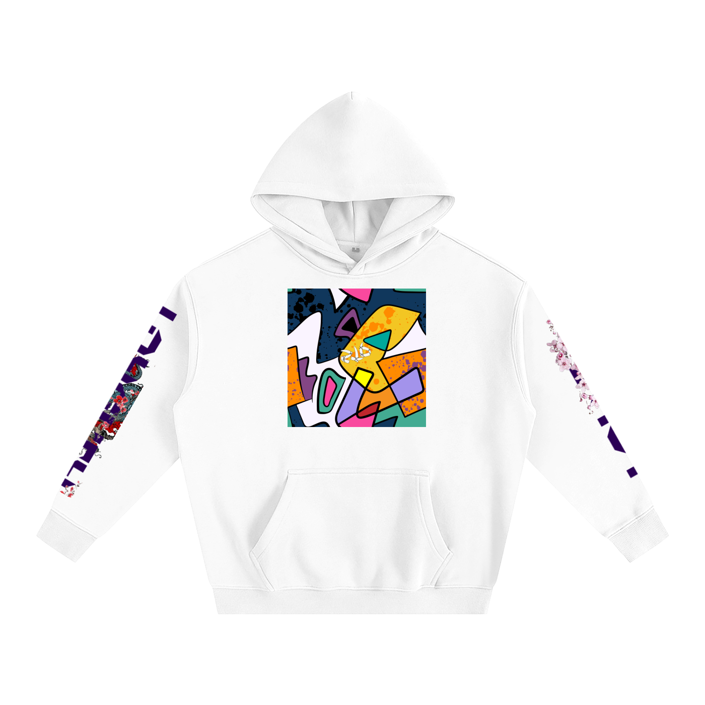 White hoodie with colorful abstract design on a white background
