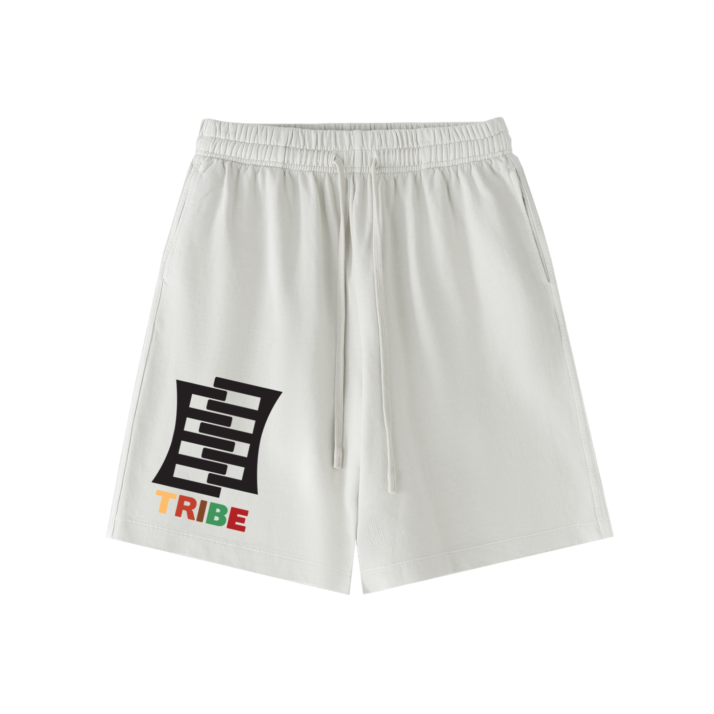 White shorts with a logo and text on a white background