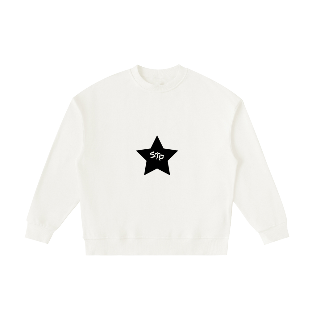 White sweatshirt with a black star design on a white background