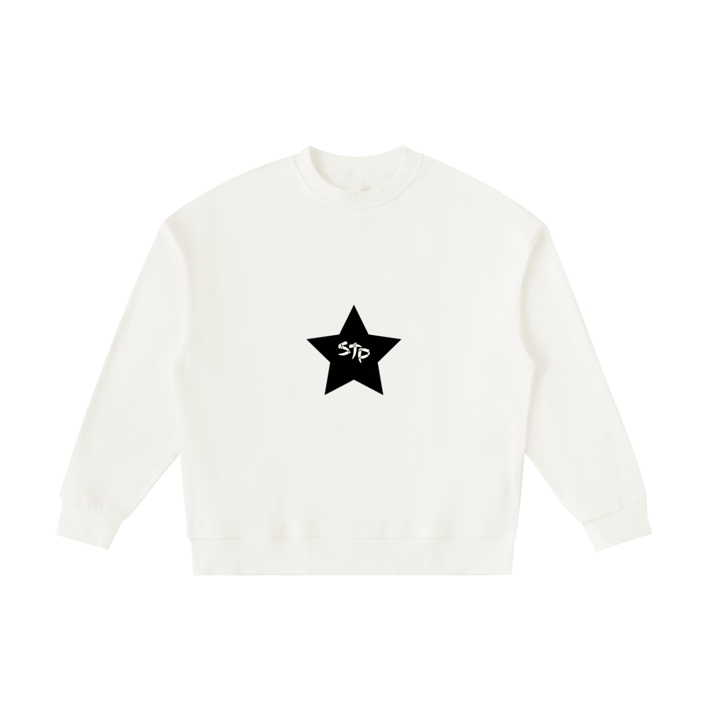 White sweatshirt with a black star design on a white background