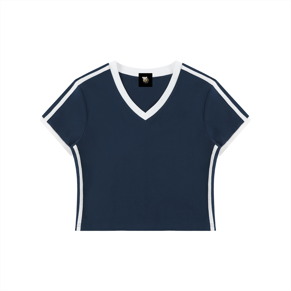 Navy blue t-shirt with white stripes on a white background
