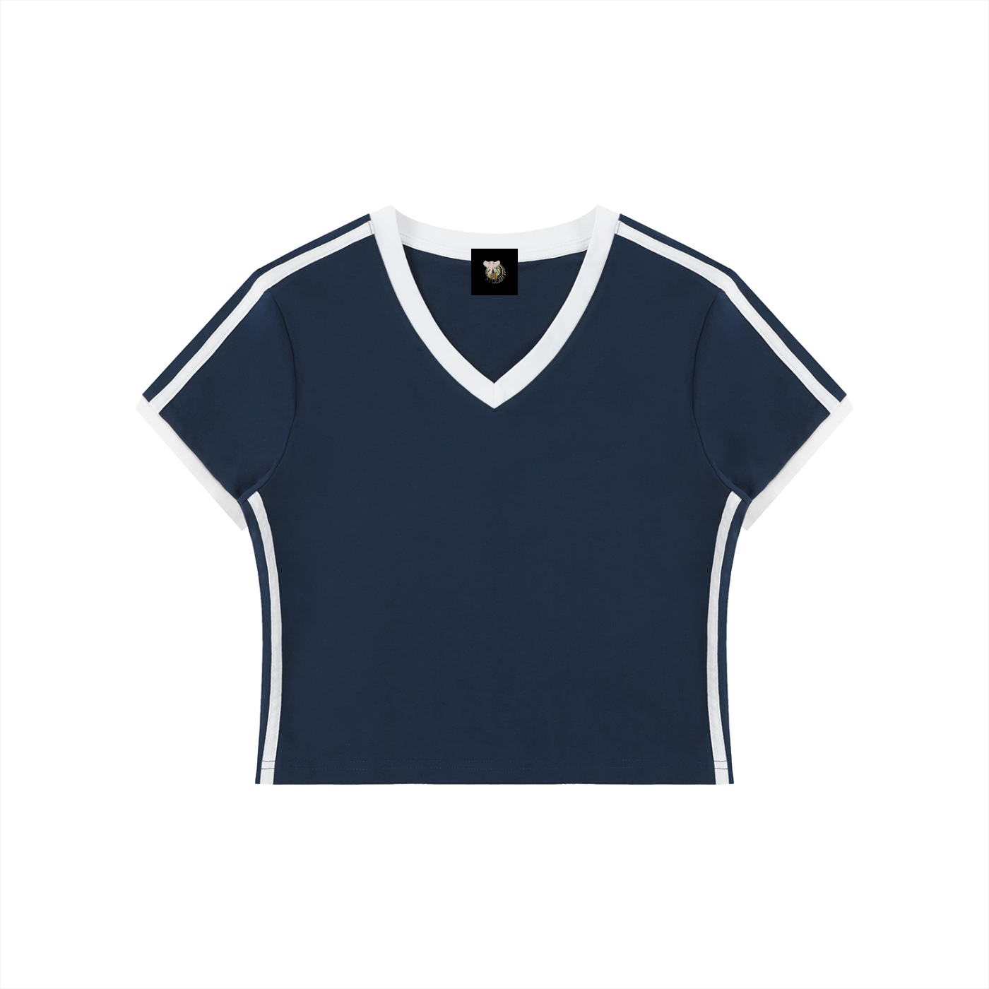 Navy blue t-shirt with white stripes on a white background