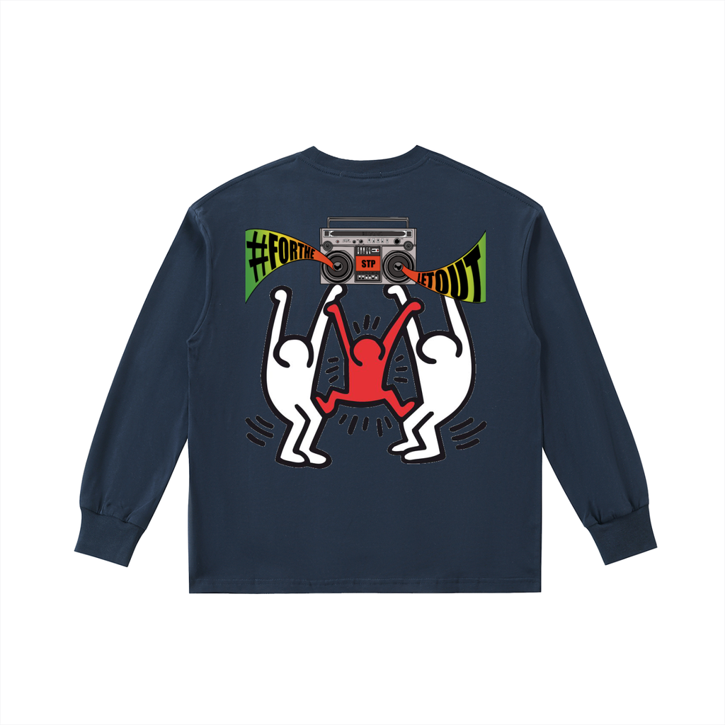 Navy blue long-sleeve shirt with colorful graphic design on a white background