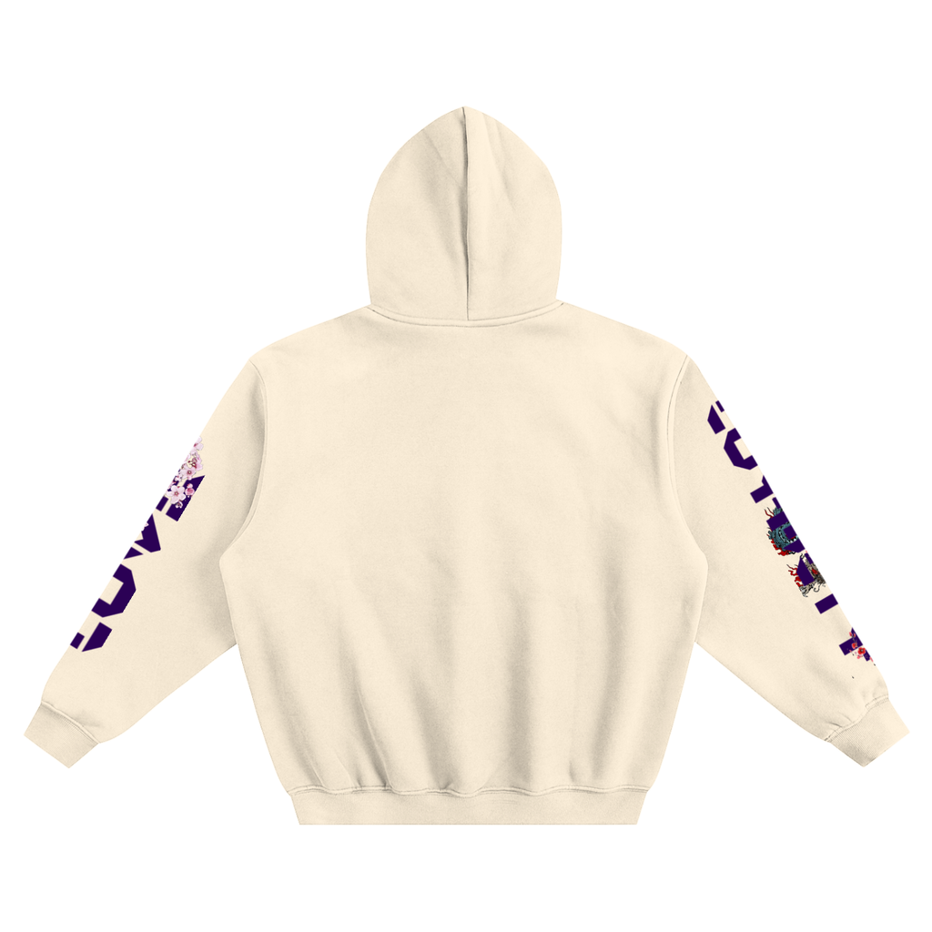Beige hoodie with colorful designs on sleeves against a white background
