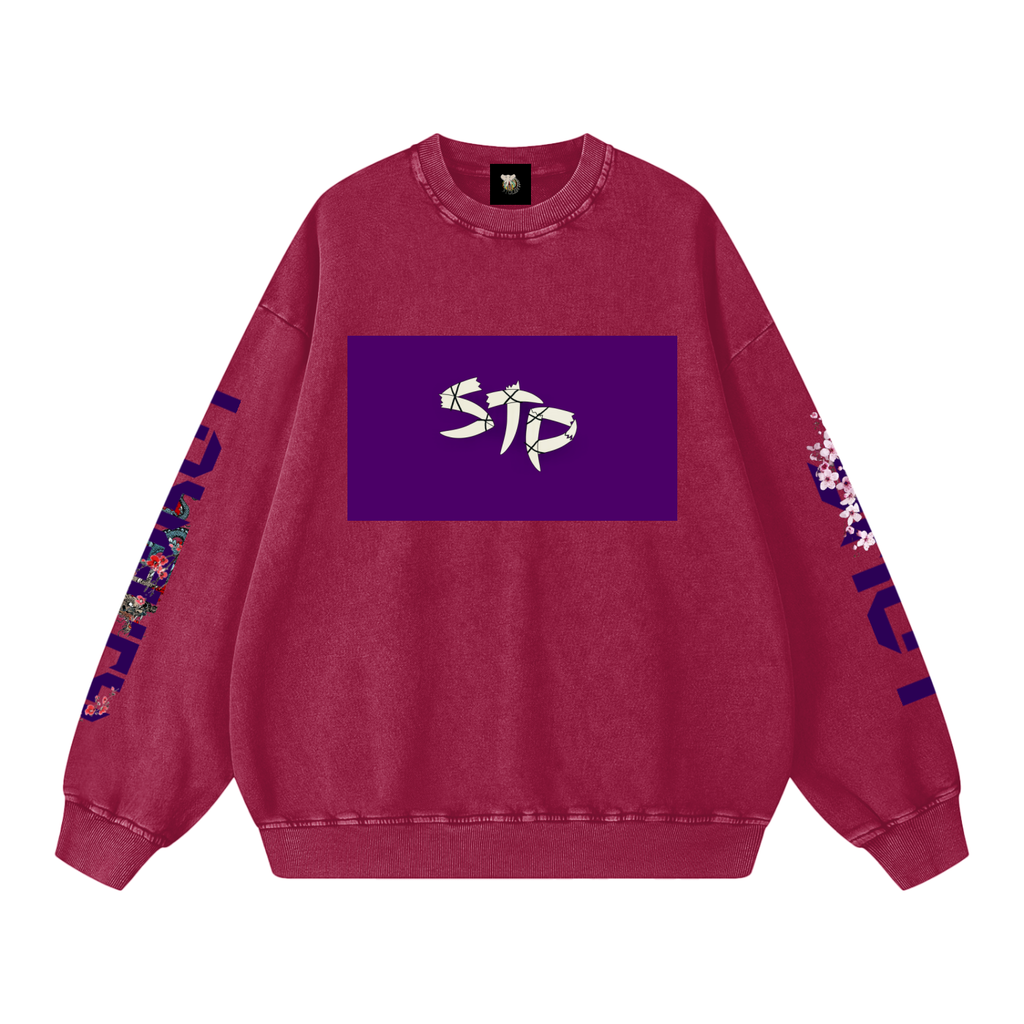 Red sweatshirt with a purple logo and floral designs on sleeves against a white background