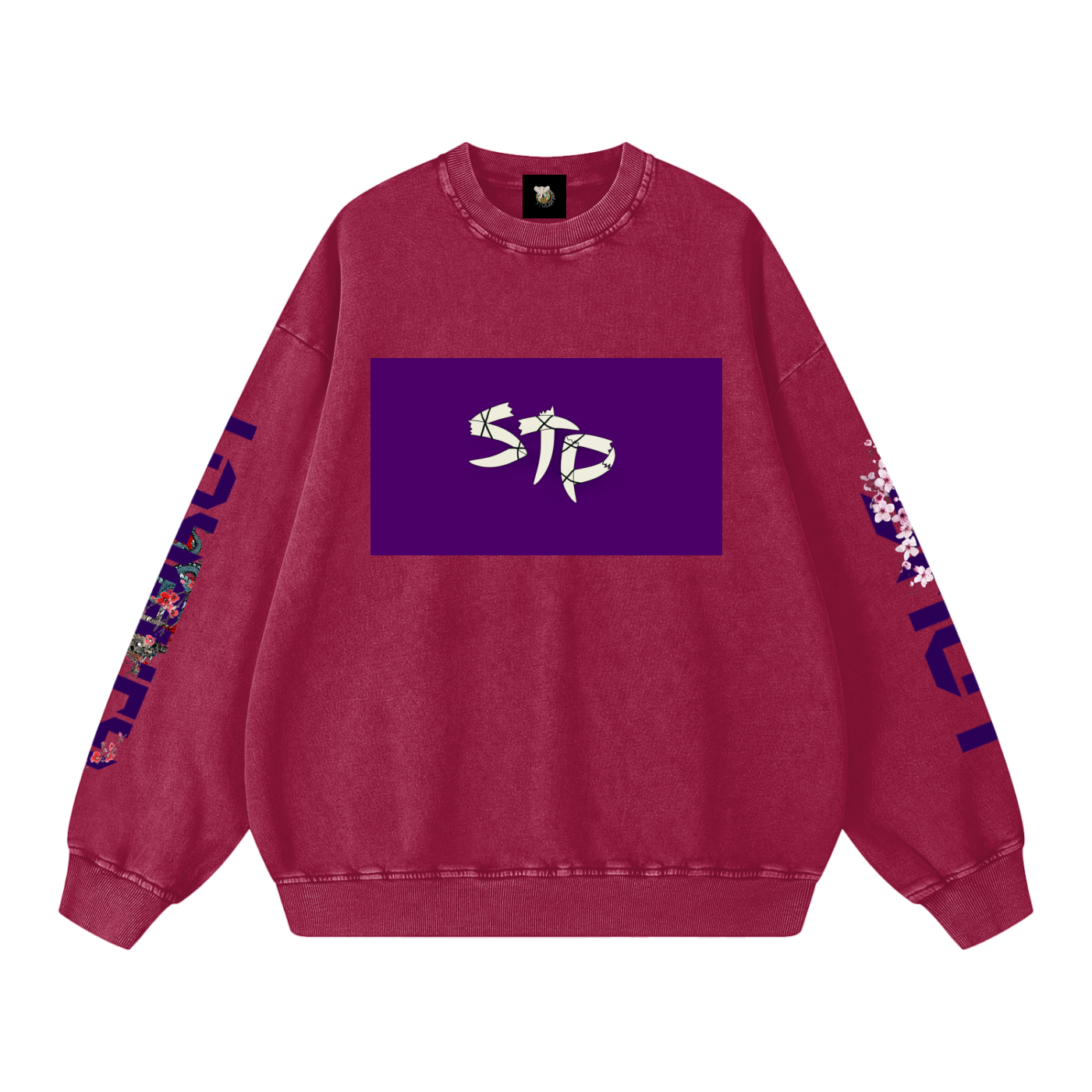 Red sweatshirt with a purple logo and floral designs on sleeves against a white background