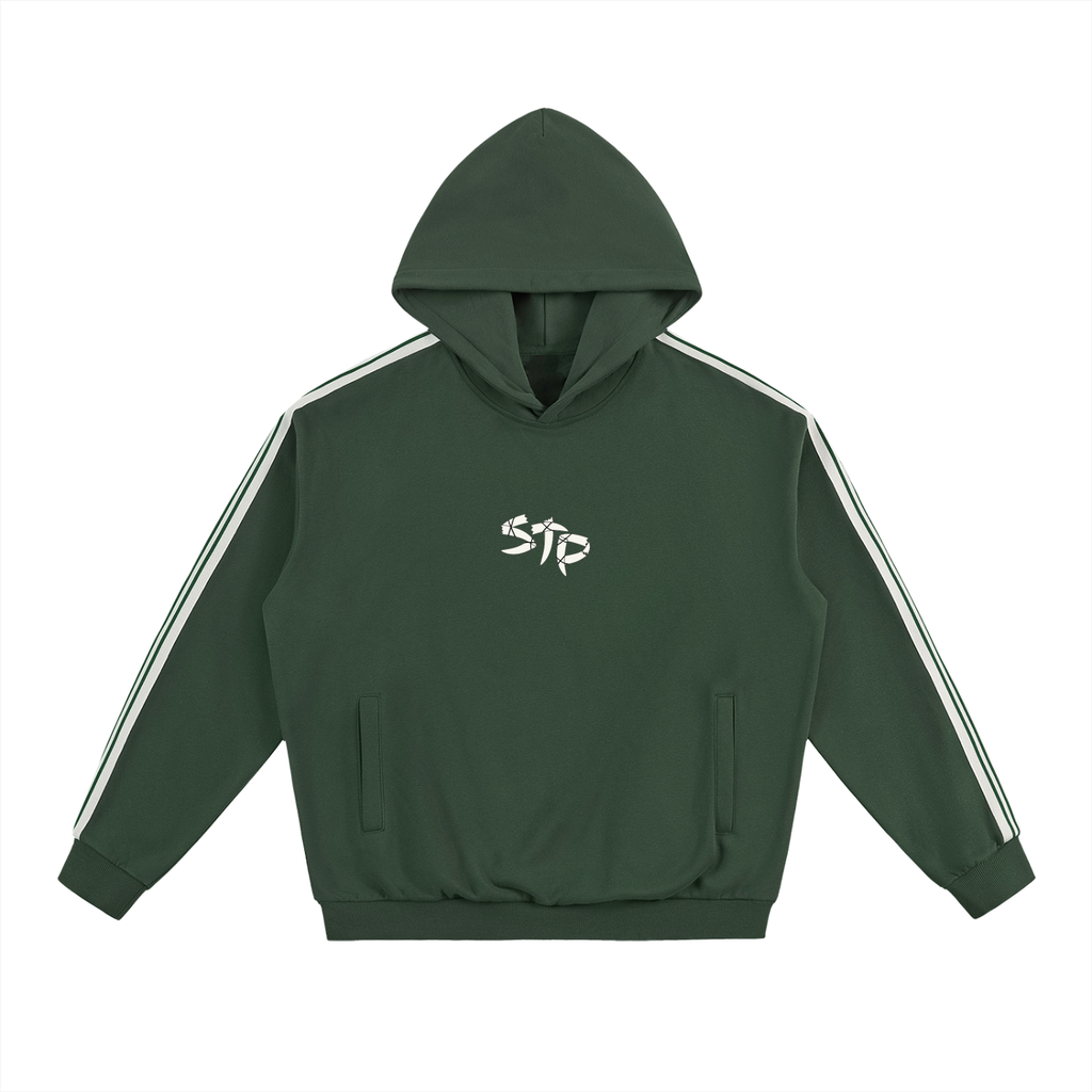 Green hoodie with white stripes on sleeves and logo on chest against a white background