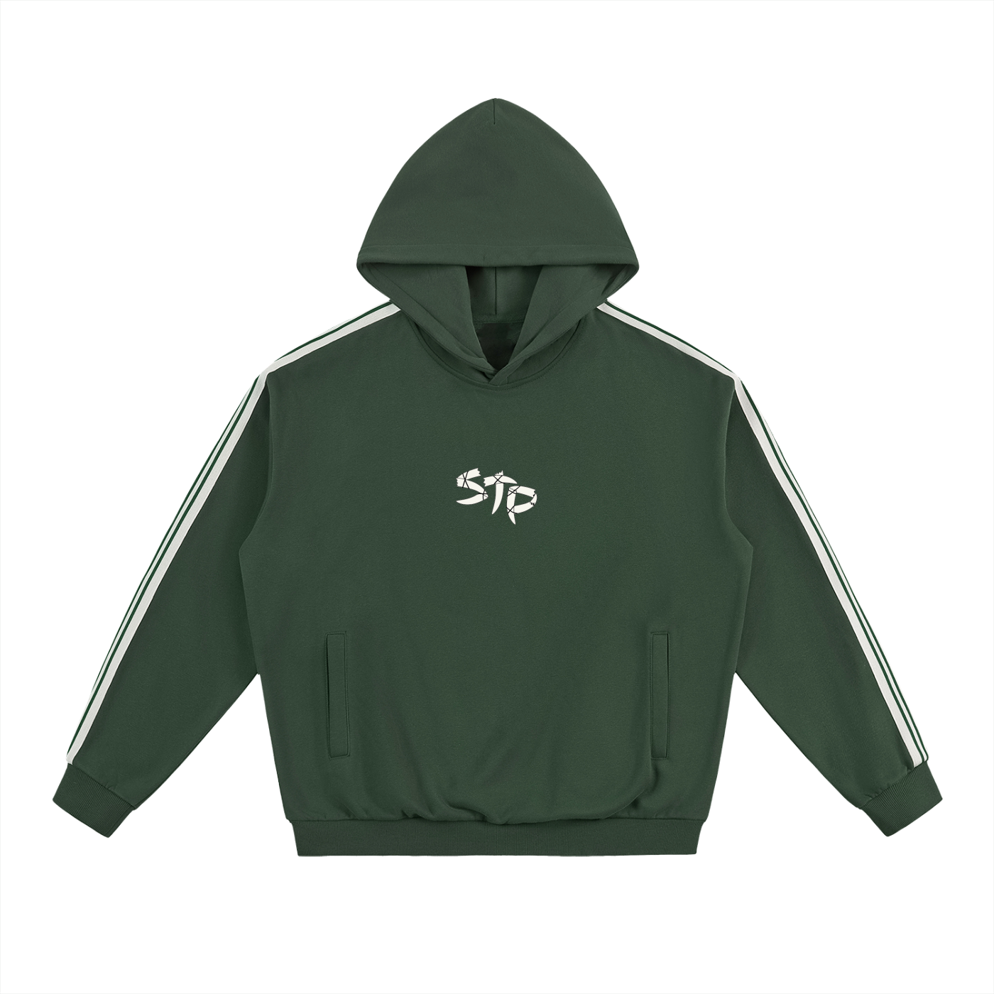Green hoodie with white stripes on sleeves and logo on chest against a white background