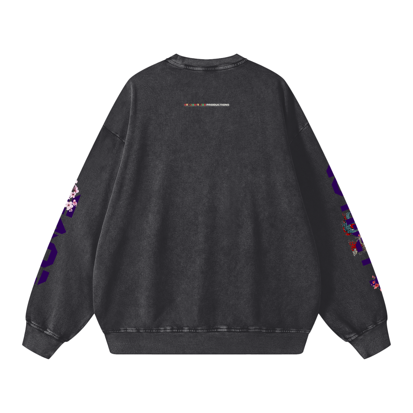 Black sweatshirt with colorful sleeve designs on a white background