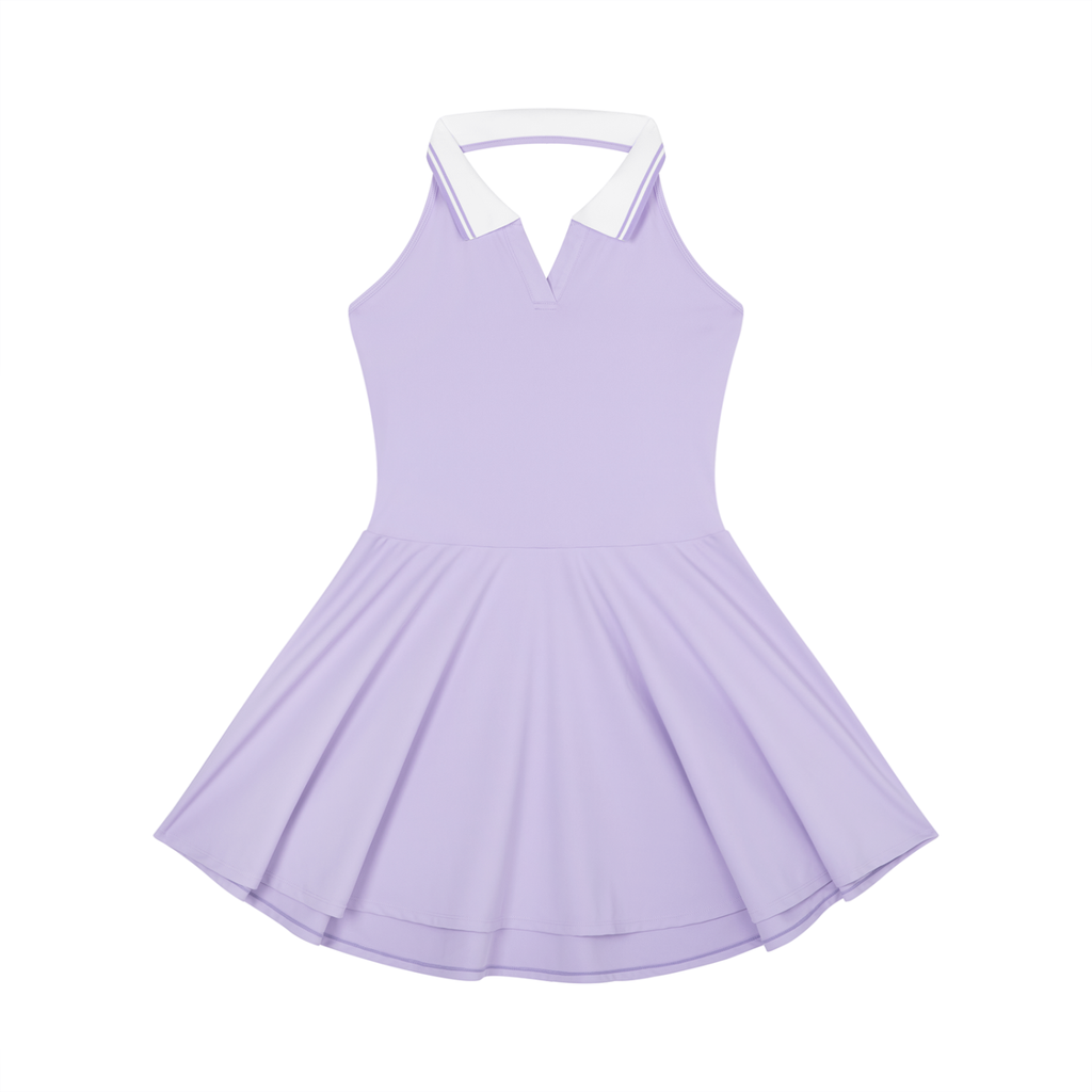 Lavender dress with white collar on a white background