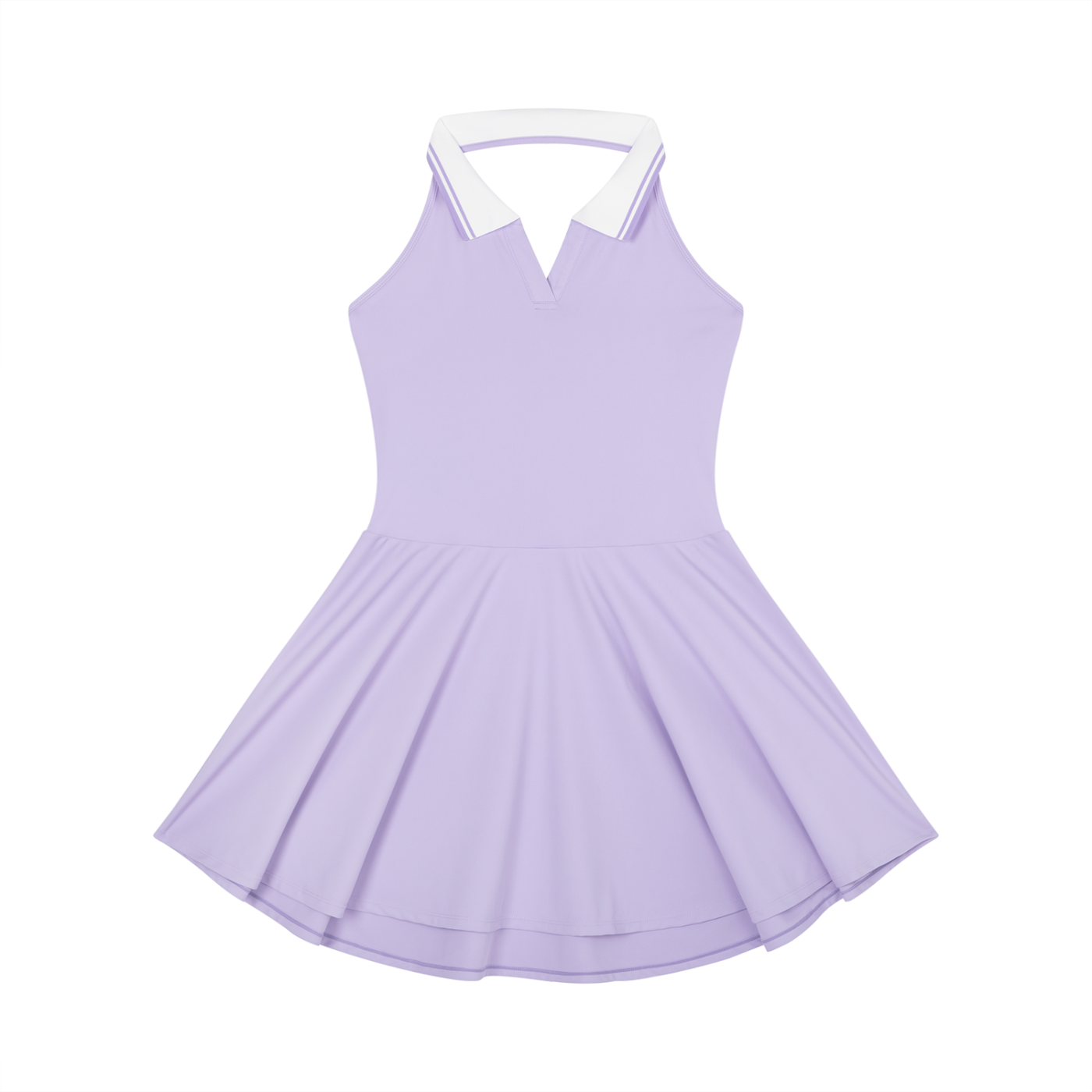 Lavender dress with white collar on a white background