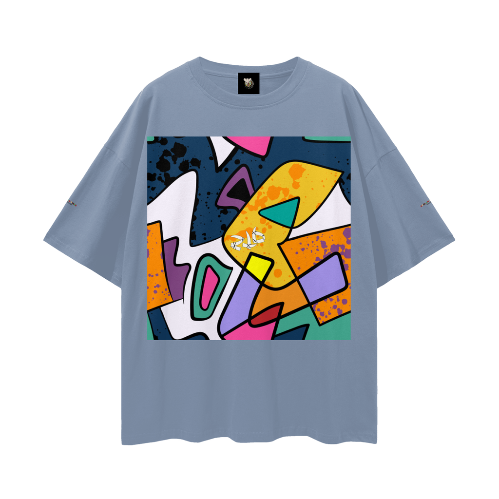 Blue t-shirt with a colorful abstract design on a white background