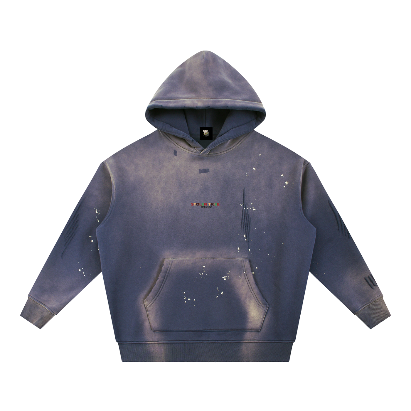 Blue hoodie with star-like specks on a white background