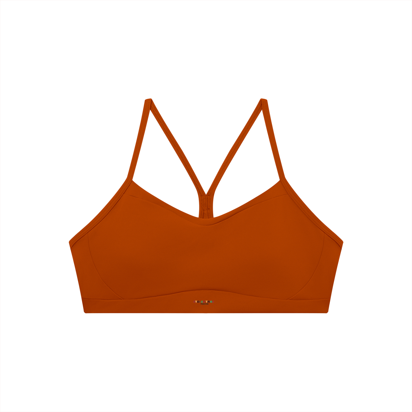Orange bikini top with thin straps on a white background